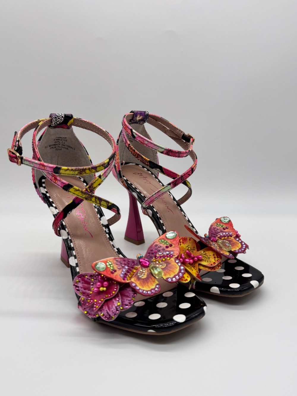 Betsey Johnson Camile Sandals 3D Butterfly Floral Ankle Strap Polka Dot Heel 5.5